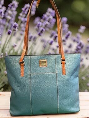 Dooney & Bourke Teal Leather Tote with Tan Straps and Gold Plaque